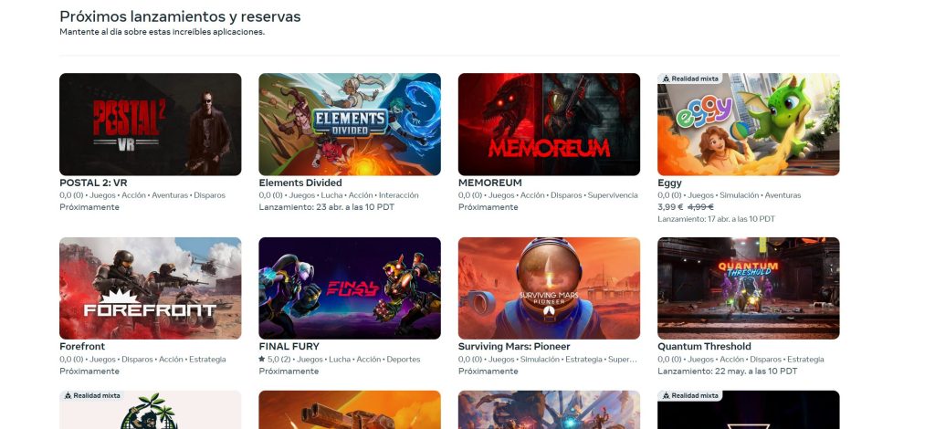 Próximos lanzamientos en Meta Quest